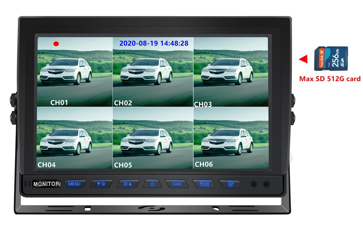 Monitor traseiro de 10 polegadas com gravação em cartão SD Suporte para 8 câmeras