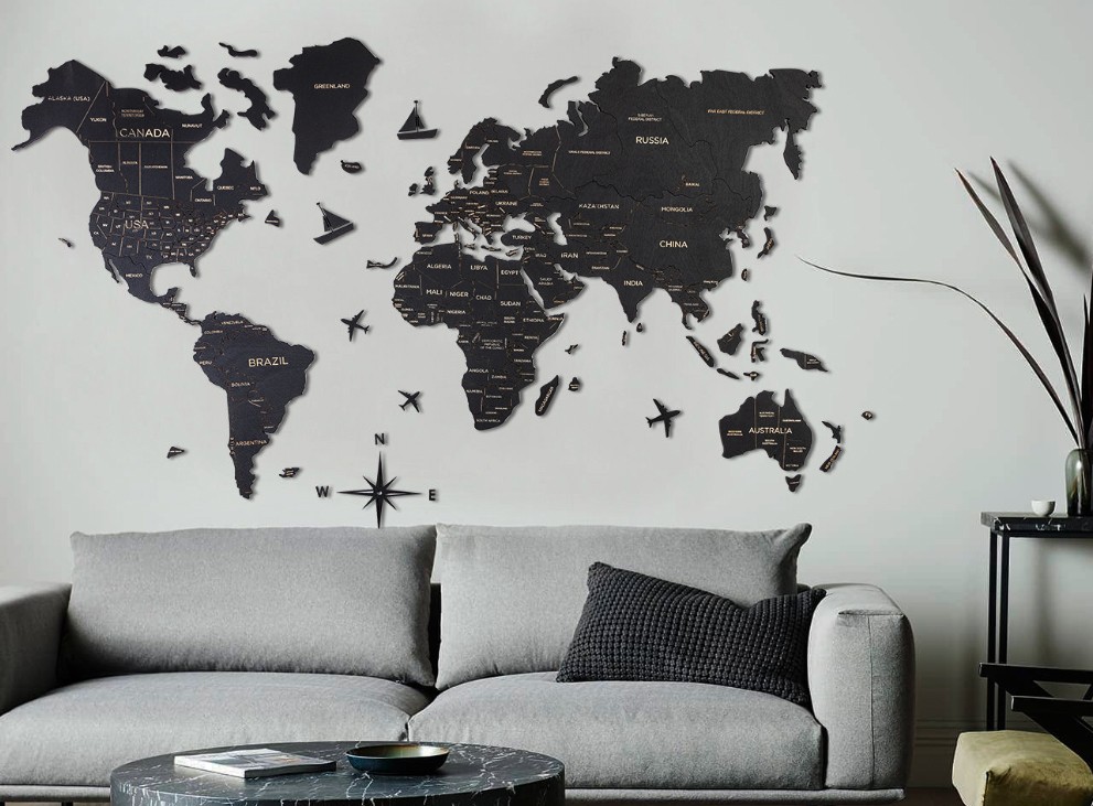 parede de madeira mapa-múndi cor preta