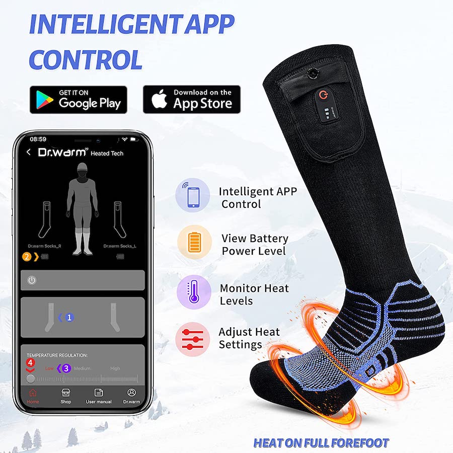 Meias elétricas aquecidas - controle via aplicativo de smartphone móvel