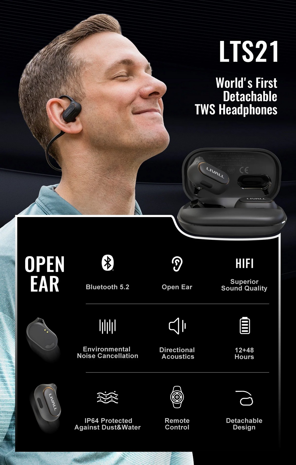 Fones de ouvido esportivos sem fio com bluetooth - design destacável de ouvido aberto