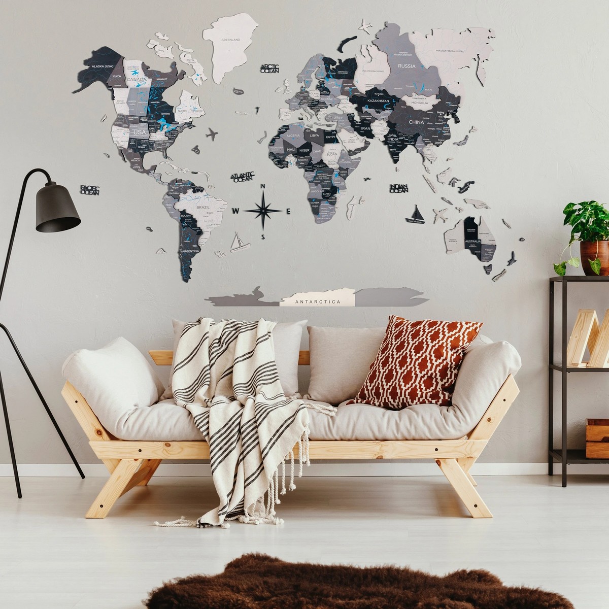 mapa de parede do mundo feito de madeira