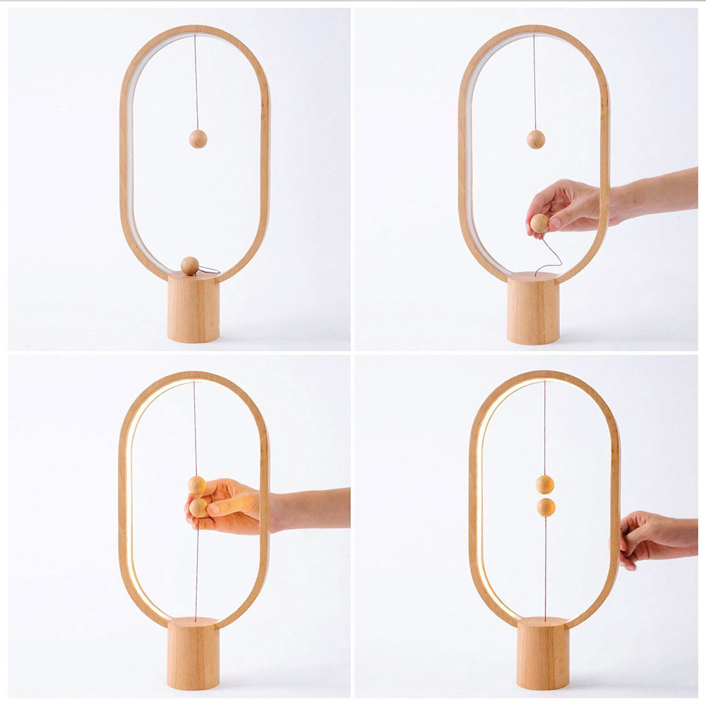 mesa lâmpada led bolas magnéticas design de madeira