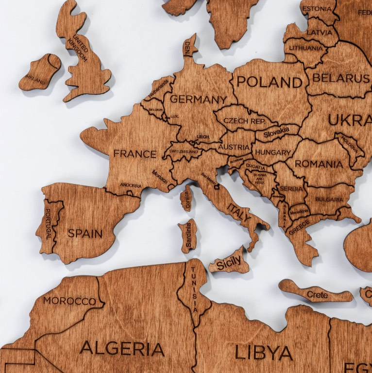 Mapa-múndi de madeira cor carvalho - continentes