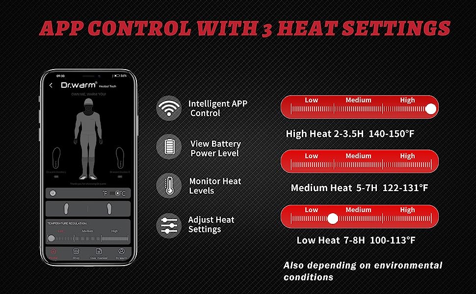 app smartphone para palmilhas aquecidas elétricas para sapatos