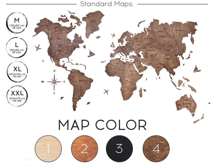 Mapa-múndi de madeira cor de carvalho