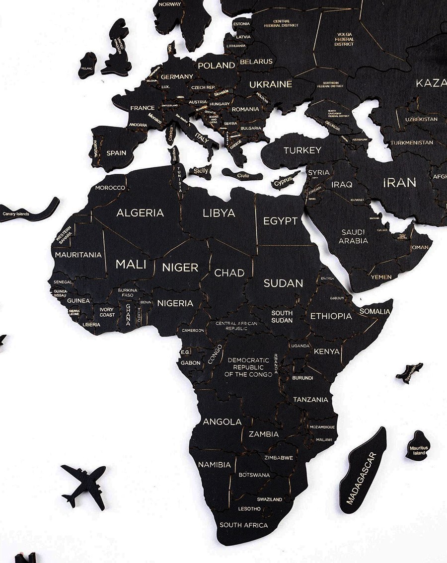 Mapas de parede de continentes mundiais de cor preta