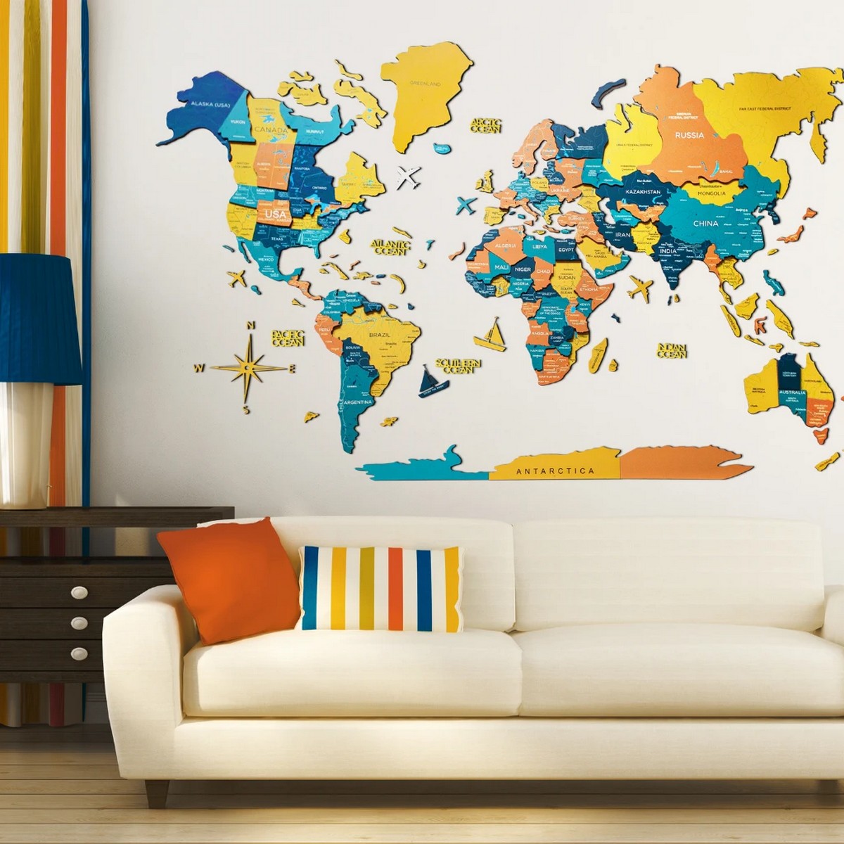 mapa de cores na parede de madeira 3d