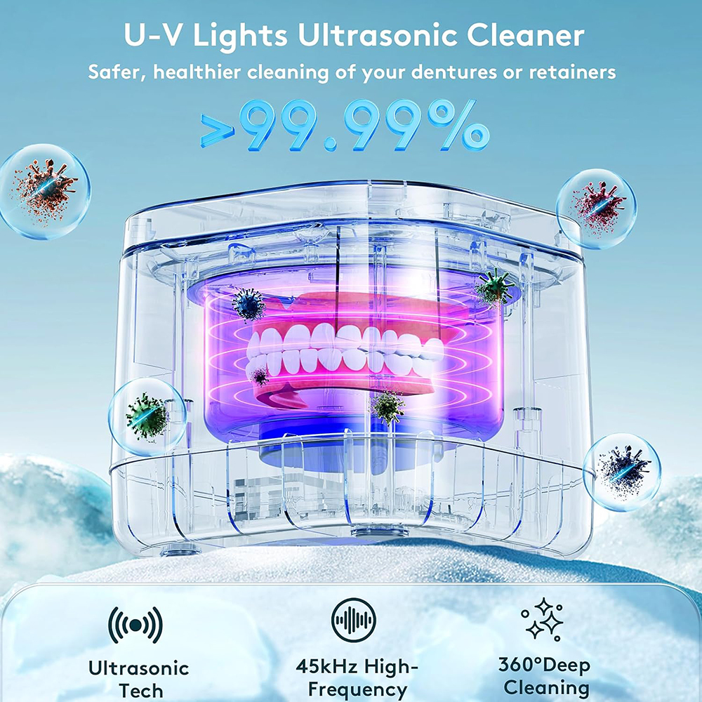 limpador de retentor ultrassônico limpador de dentaduras UV 99,99% limpeza leve