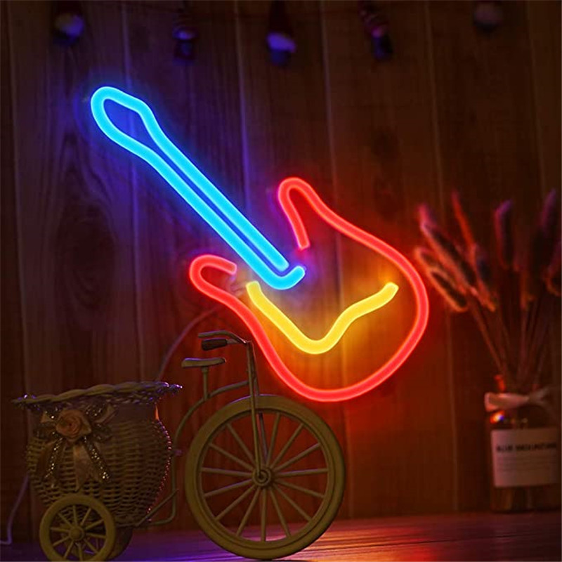 Iluminação brilhante de guitarra com banner de néon