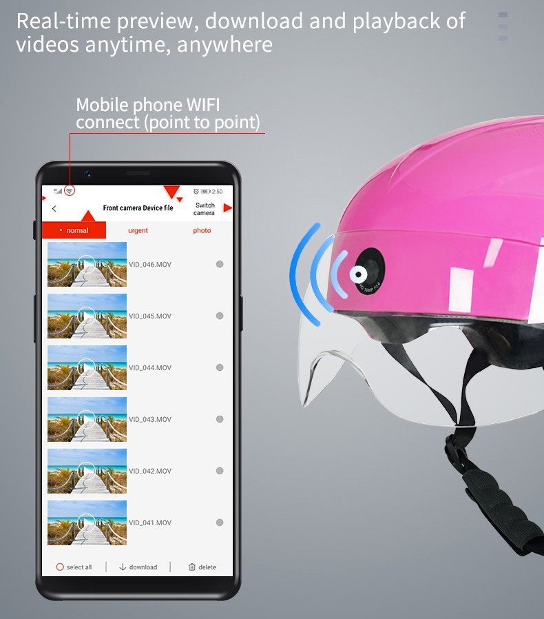 câmera de capacete de motocicleta conexão wifi via aplicativo smartphone