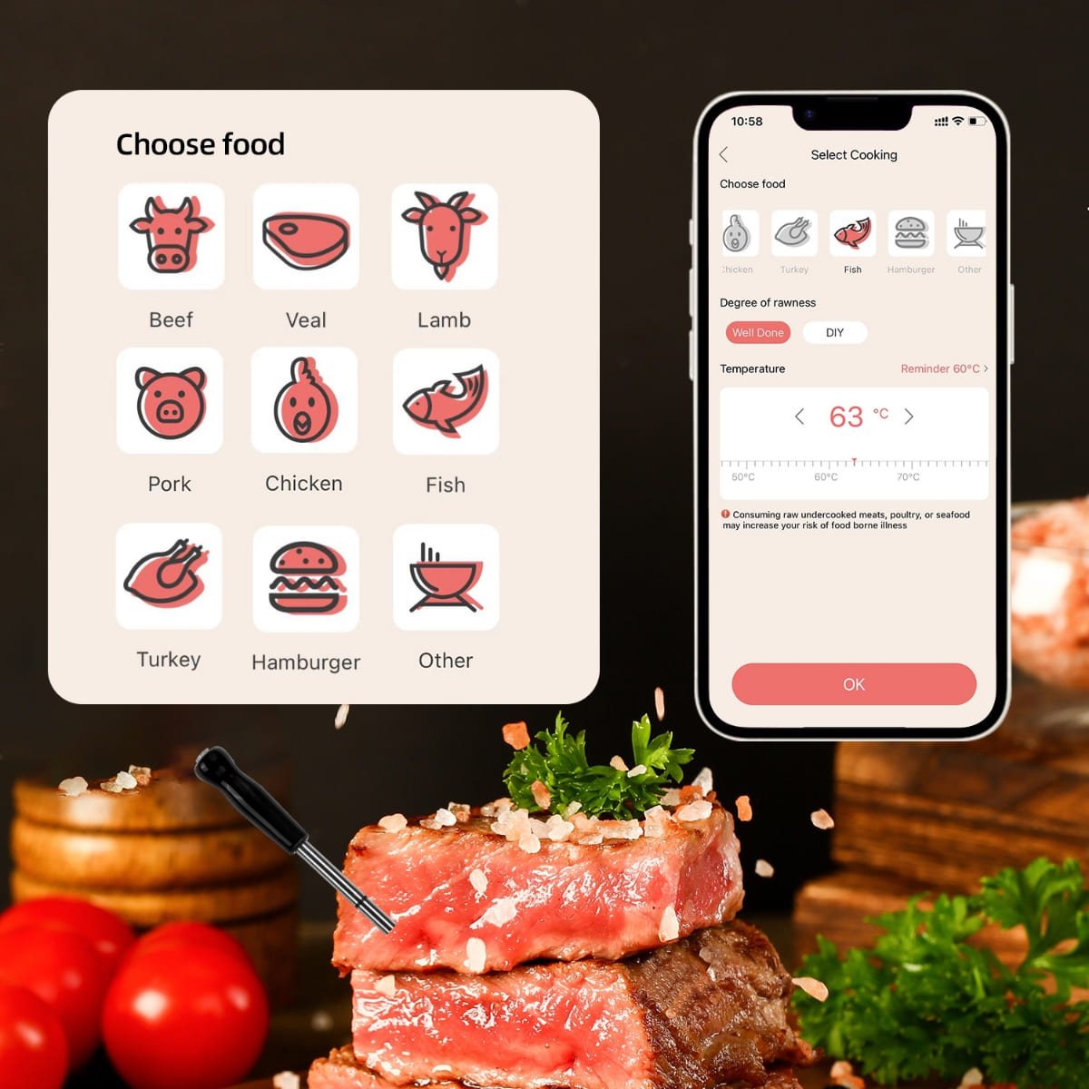 Termômetro de carne sem fio - aplicativo para celular