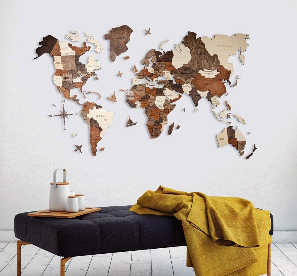 Mapas mundiais de madeira 3D na parede
