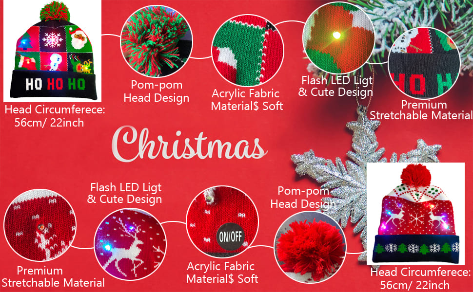 Gorros de Natal para o inverno com vários designs - Iluminados com LED