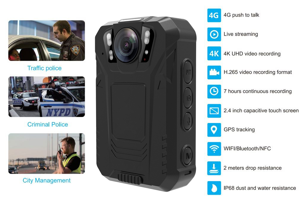 Câmera corporal policial 4G corpo cam wi-fi bluetooth PTT IP68 NFC